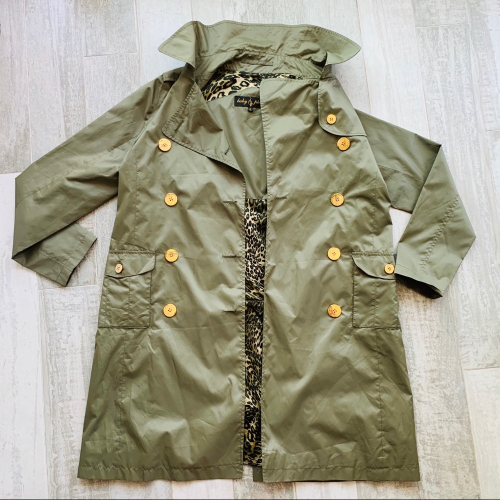 Baby Phat Double-Breasted Green Chameleon Leopard Camo Green Trench Coat - Picture 2 of 16